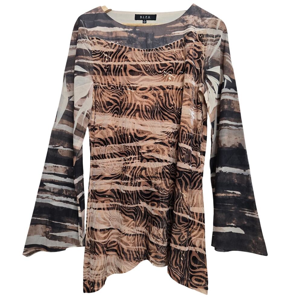 B.L.E.U Women Y2K Fairy Maximal Boho Bell Sleeve Velvet Burnout Asymmetric Top L